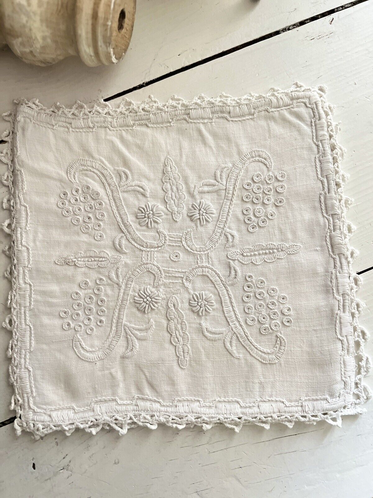 Antique French EMBROIDERED linen LINGERIE BAG crochet trim c1920