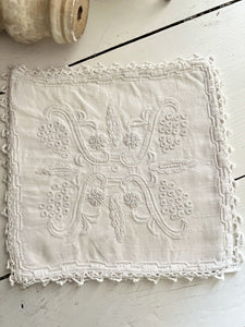 Antique French EMBROIDERED linen LINGERIE BAG crochet trim c1920