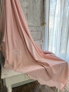 Rare Art Deco French floppy pale pink LINEN FIL sheet GC mono festons DOTS c1930