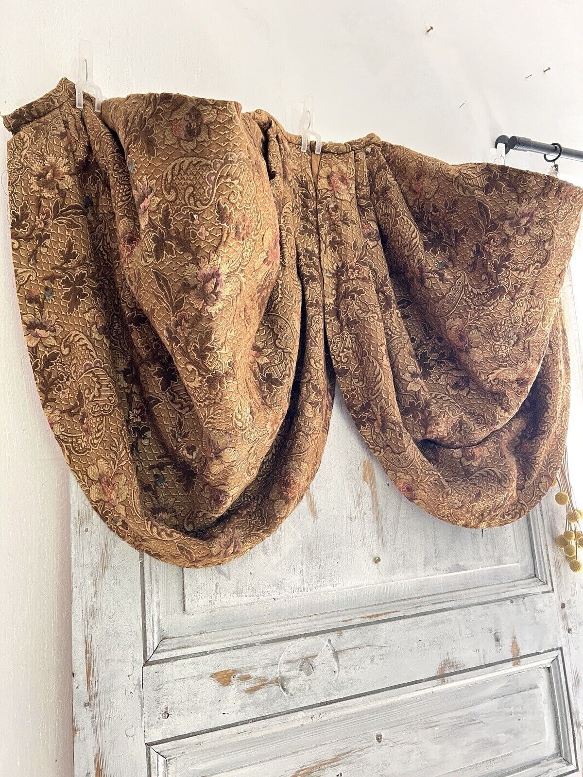 Antique French PAIR GOLD floral DAMASK VALANCES braid DRAPE c1880