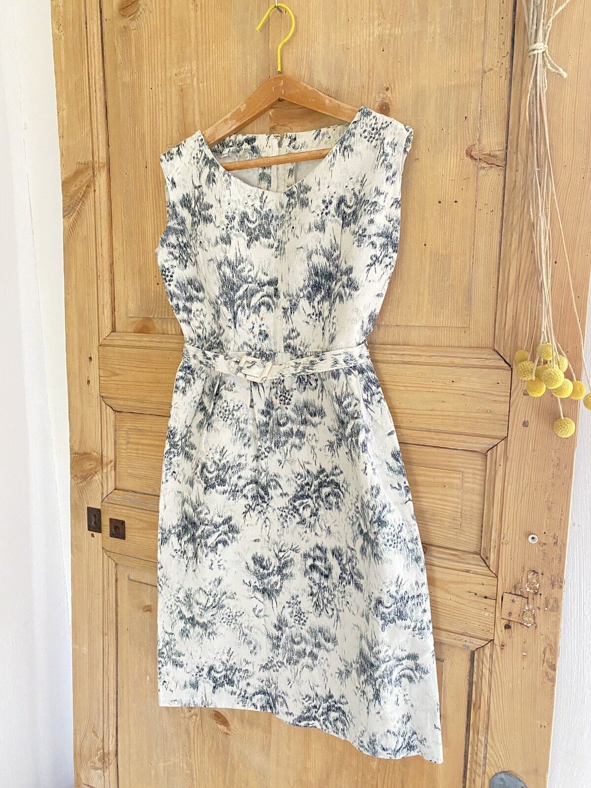 Vintage French cotton FLORAL BLUE DRESS belted c1950