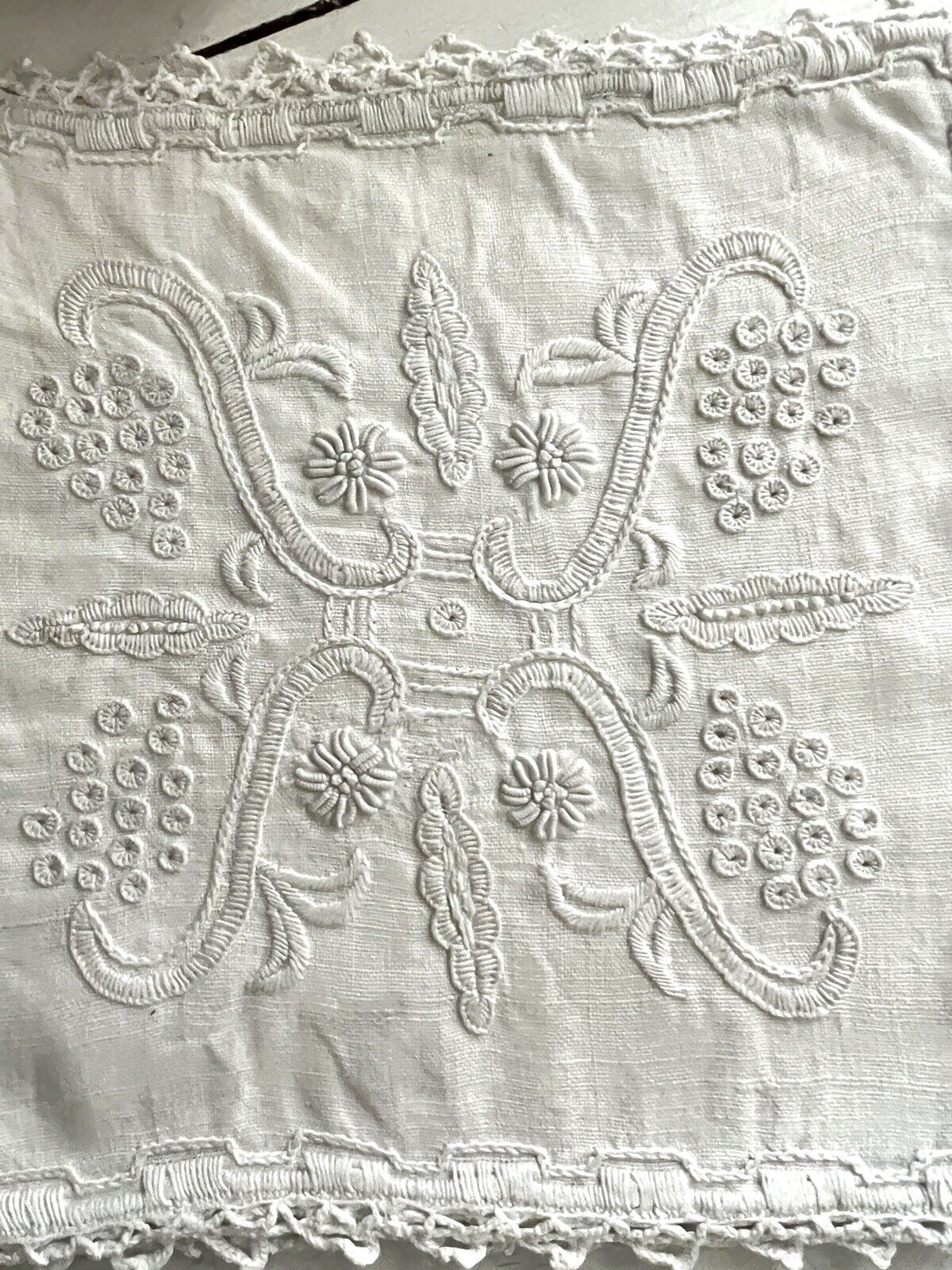 Antique French EMBROIDERED linen LINGERIE BAG crochet trim c1920