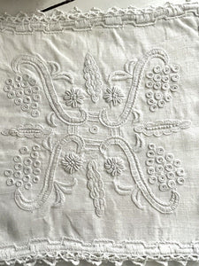 Antique French EMBROIDERED linen LINGERIE BAG crochet trim c1920