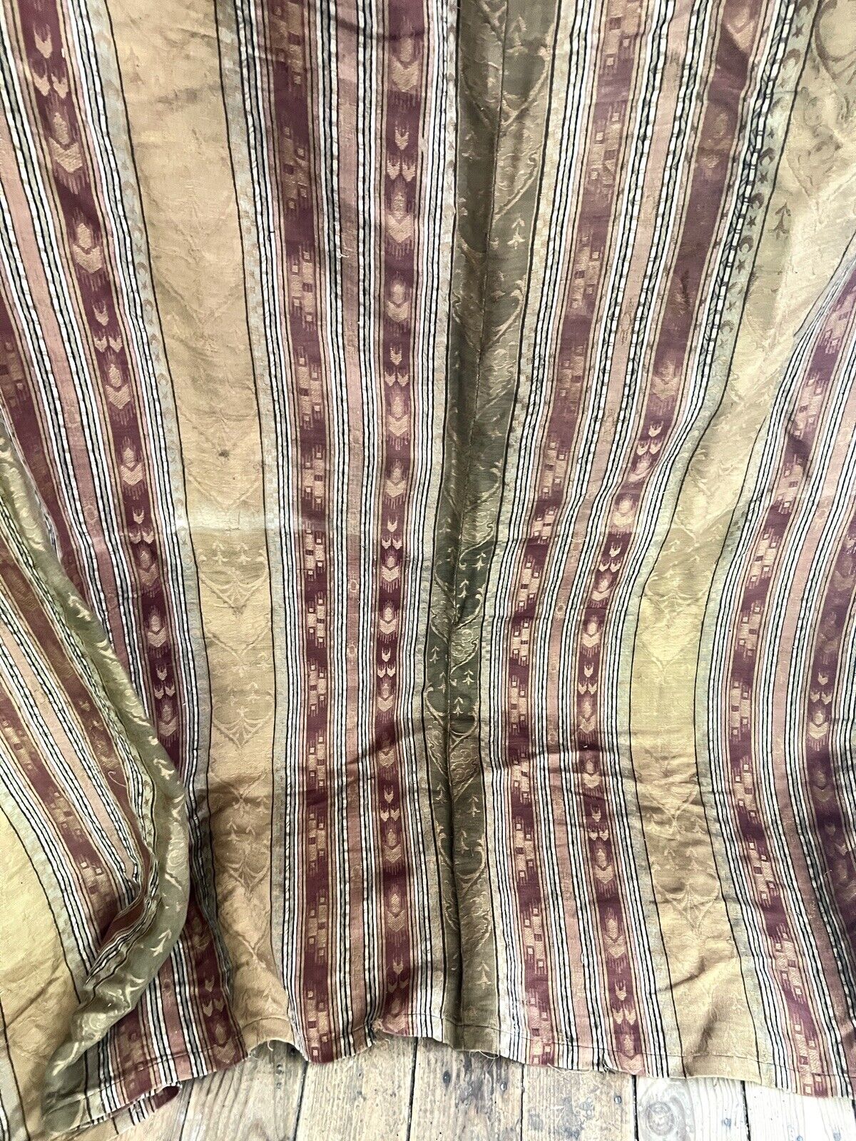 LARGE antique French DAMASK SILK Empire style striped FLEUR DE LYS curtain c1920