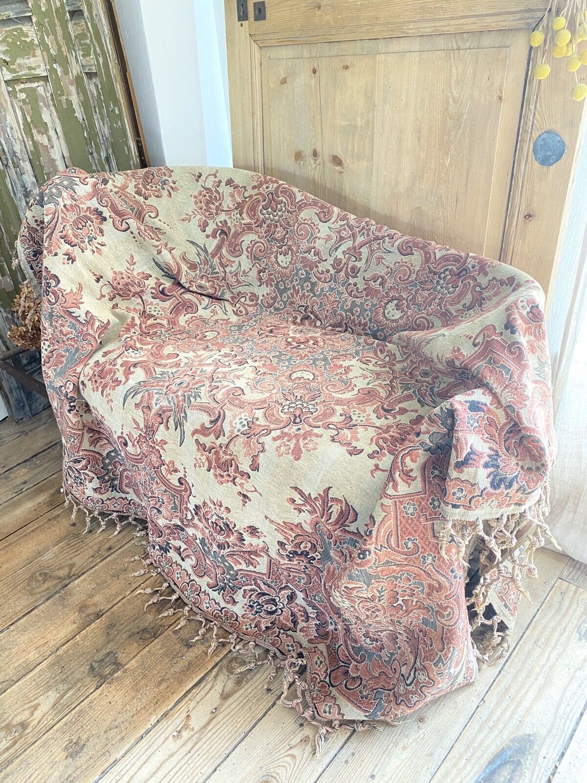 Antique French PALE PINK BLUE PAISLEY boteh TAPESTRY indiennes FRINGES c1930