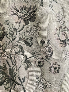 Antique French long woven DAMASK cotton FLORAL GREY green CURTAIN c1910