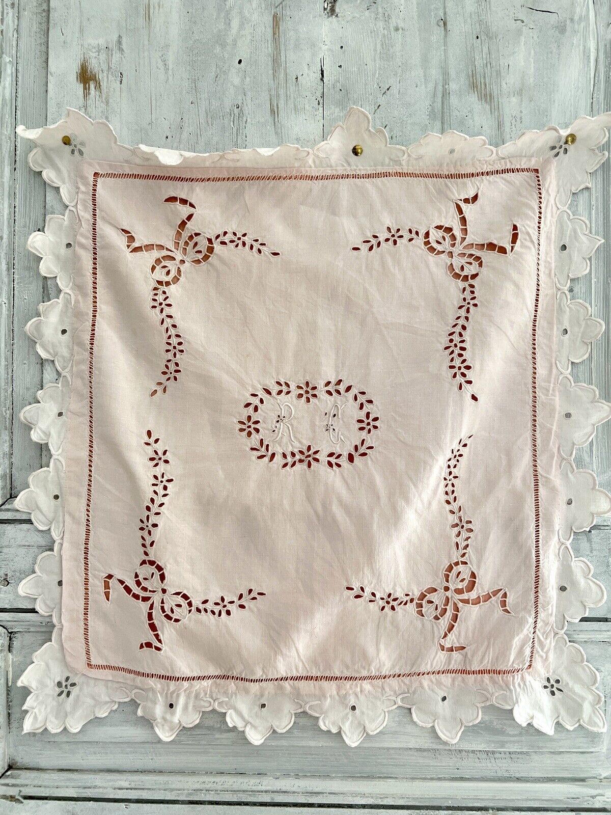 Antique French pink EMBROIDERED eyelet linen PILLOW SHAM FESTONS RC mono c1920