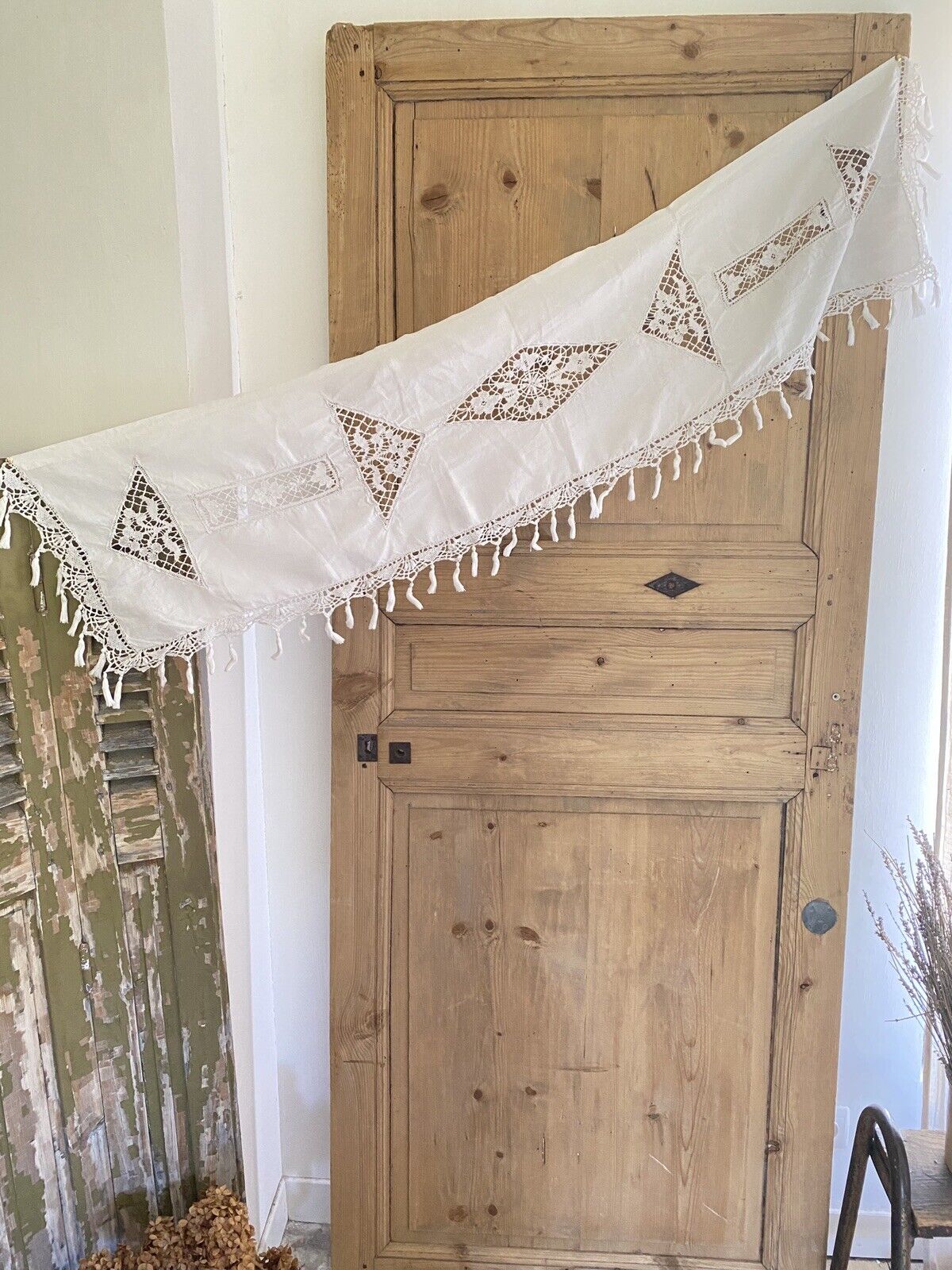 Antique French MANTELPIECE COVER curtain embroidered LINEN pompoms c1900