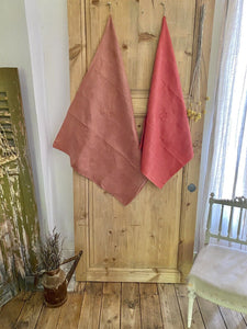 2 antique French RED FRUIT DYED linen TEA TOWELS 1900