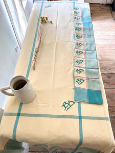 SET Art Deco French BASQUE Cotton TABLECLOTH 11 NAPKINS yellow tones RD m c1930