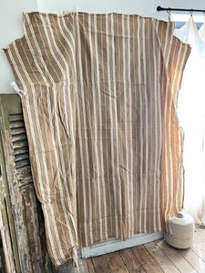 Antique WIDE French TICKING LINEN copper tones UPHOLSTERY c1900