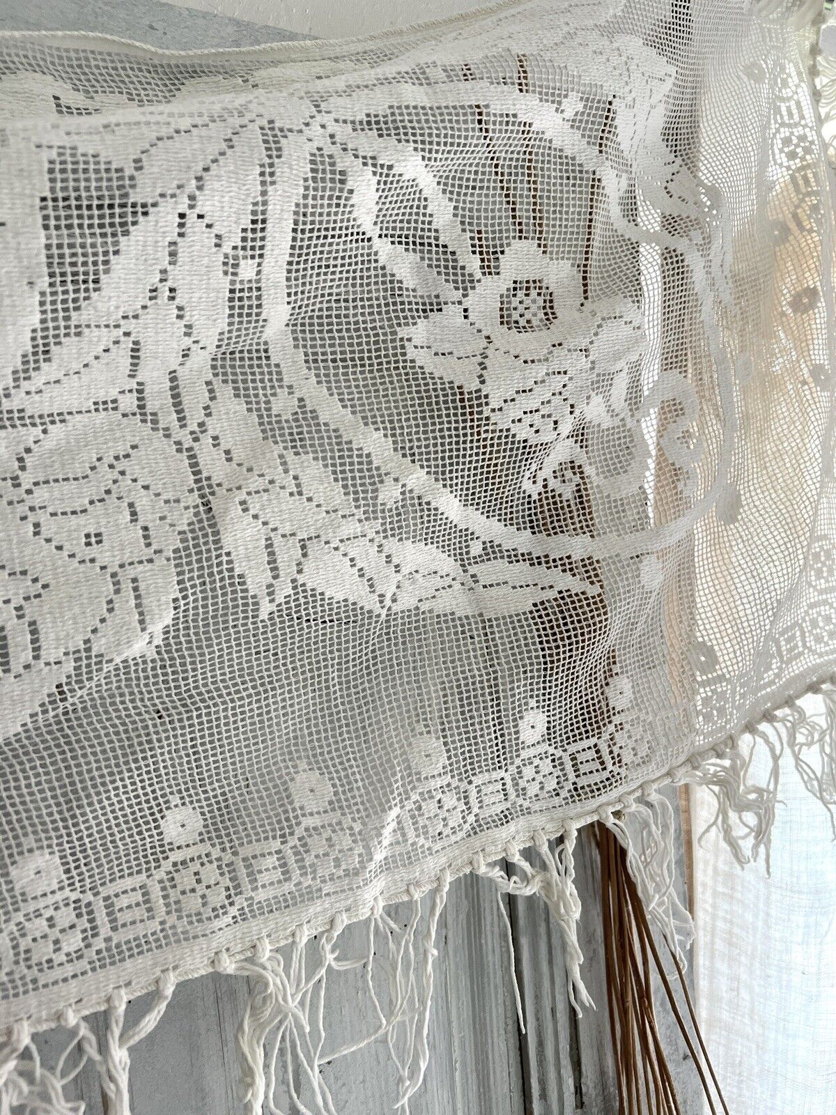 Vintage French floral MANTELPIECE COVER curtain cotton FILET LACE FRINGES c1930