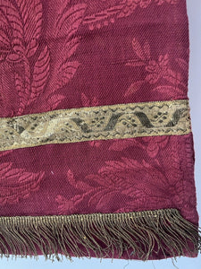 Antique French Empire long PURPLE RED floral DAMASK VALANCE braid FRINGES c1880