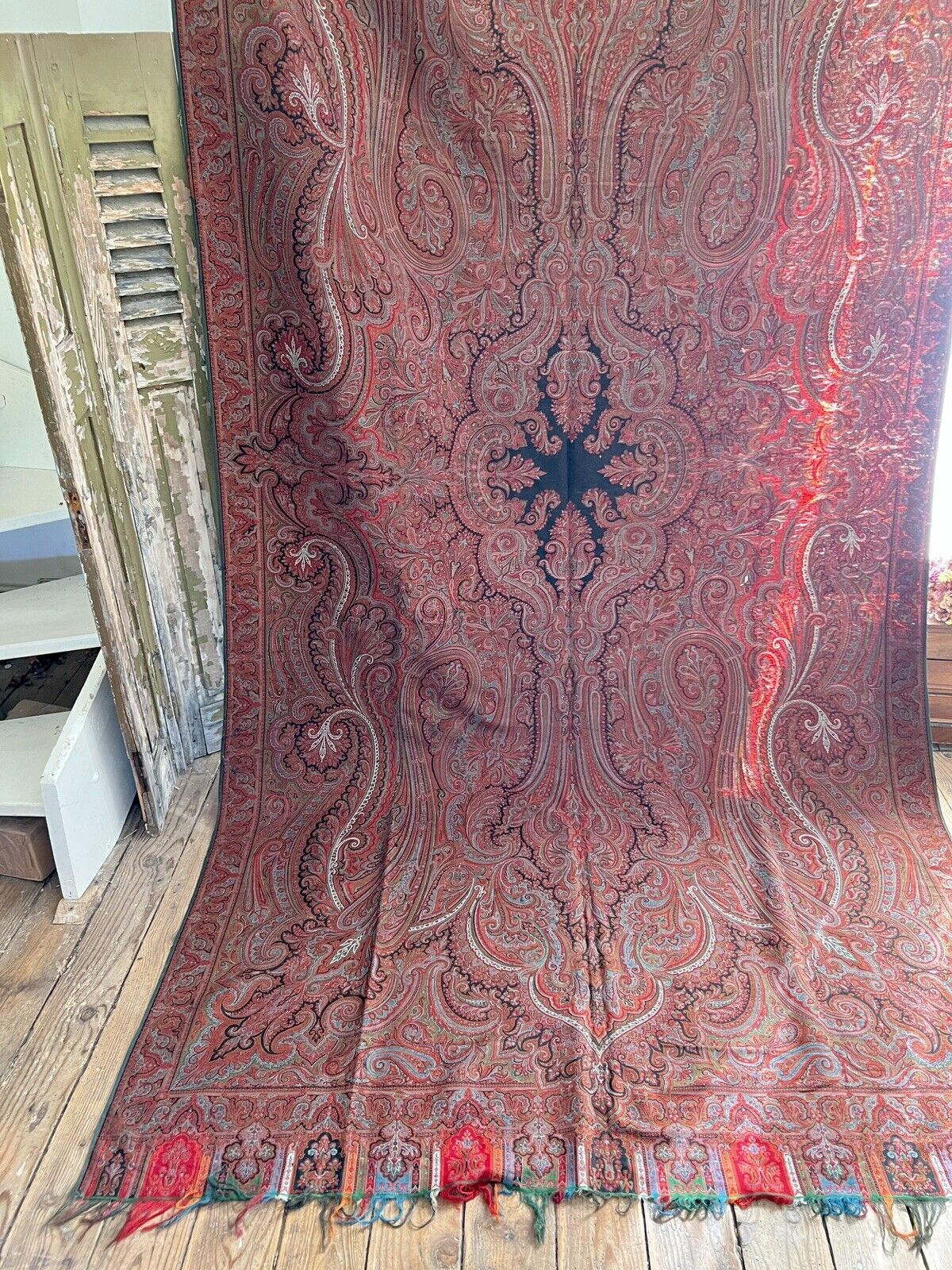 Stunning XXL antique VICTORIAN Kashmir PAISLEY piano WOOL SHAWL tablecloth c1880