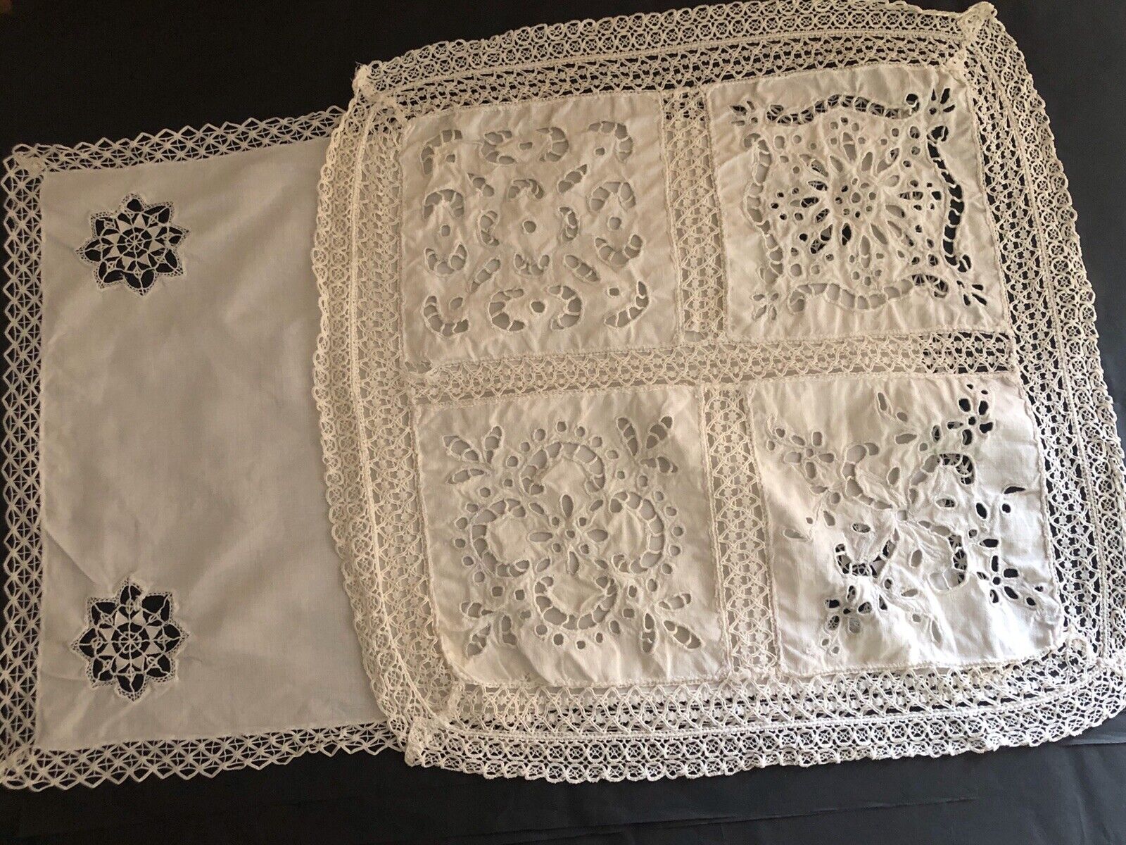 Pair of antique French LINEN napkins DOILY mats FILET LACE c1930