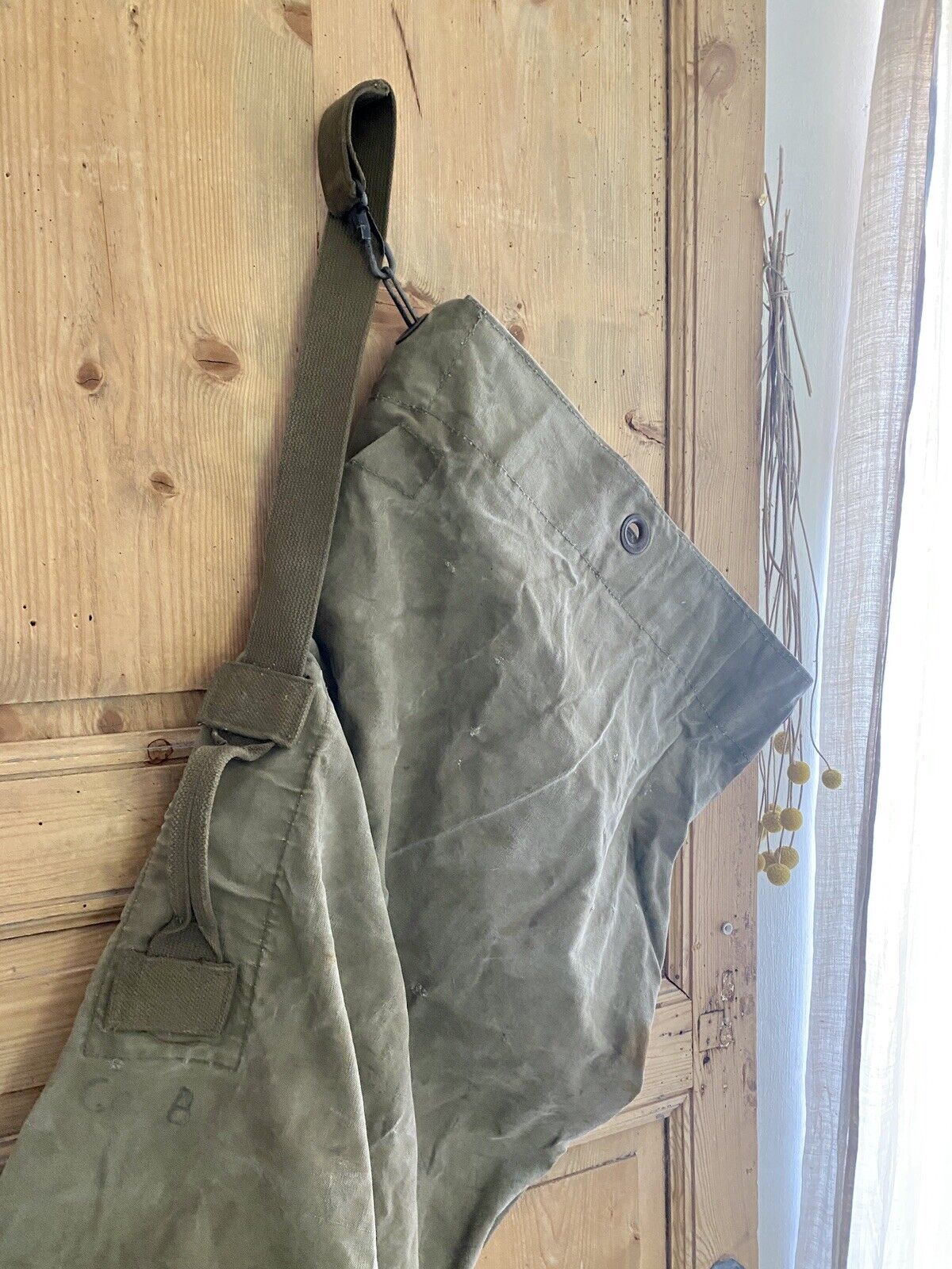 Vintage French heavy KHAKI MOLESKINE MILITARY BAG c1950