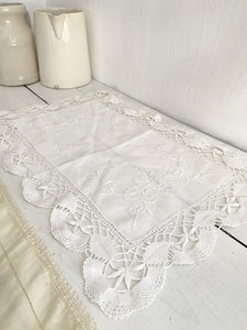 2 Vintage French LINEN napkins DOILY mats FILET LACE c1930