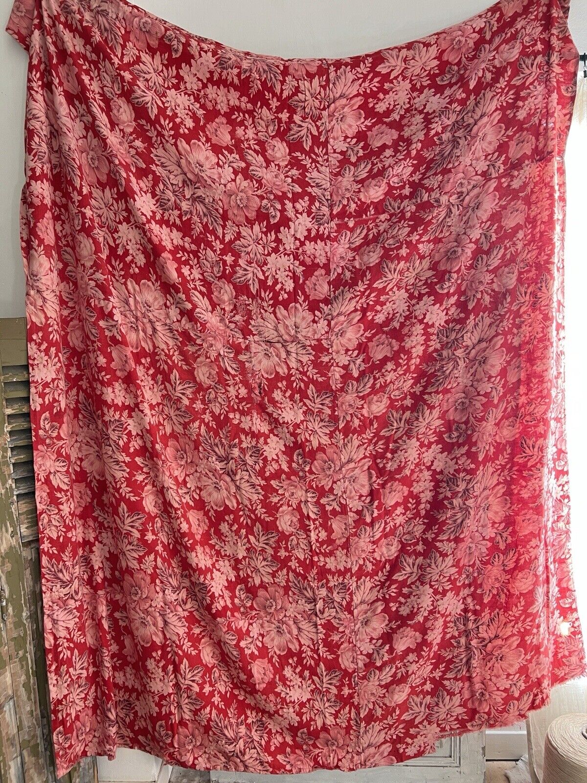 Antique French LARGE red pink FLORAL panel CURTAIN mended c1880