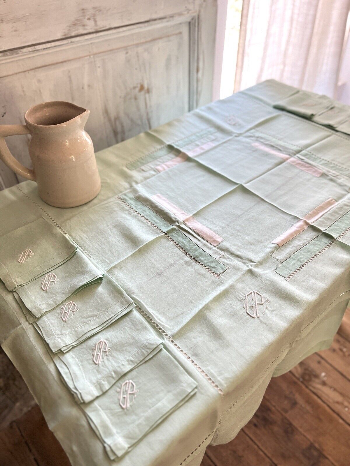 Art Deco SET French FIL OF LINEN TABLECLOTH 11 NAPKINS pale green GP m c1930