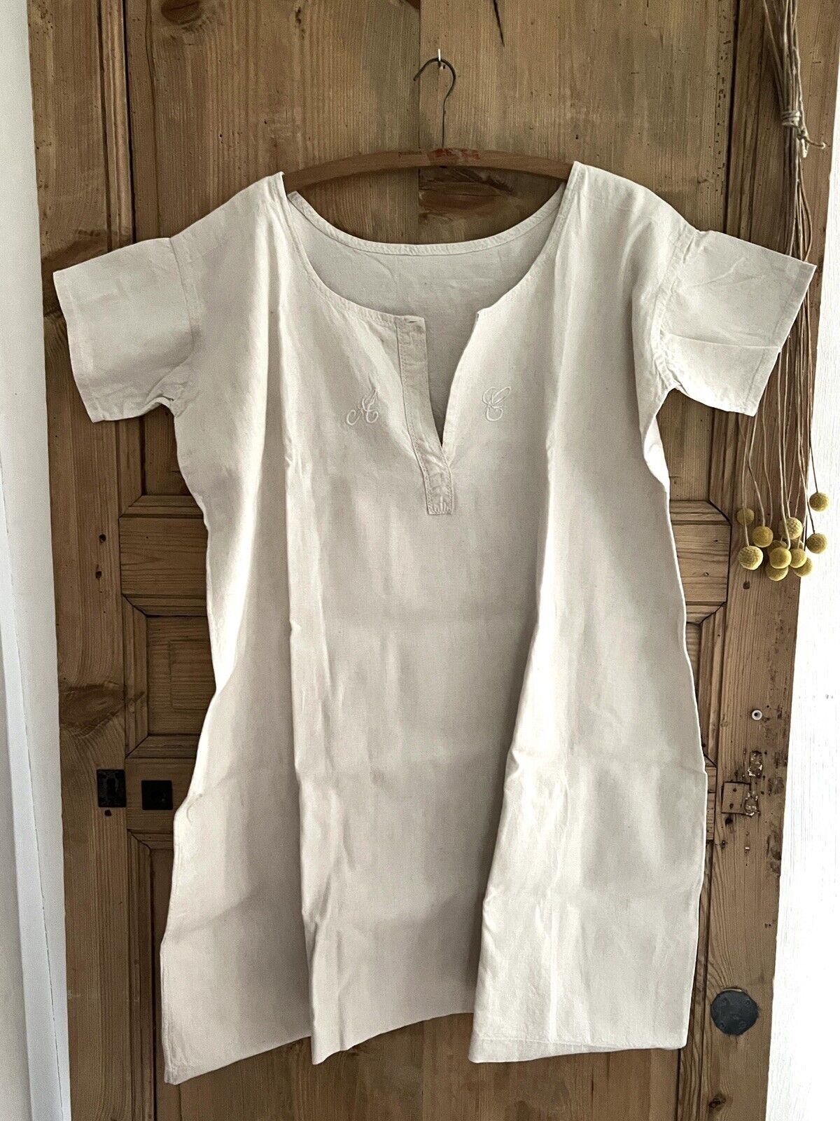 Antique French linen cotton  NIGHTSHIRT festons AC mono c1900