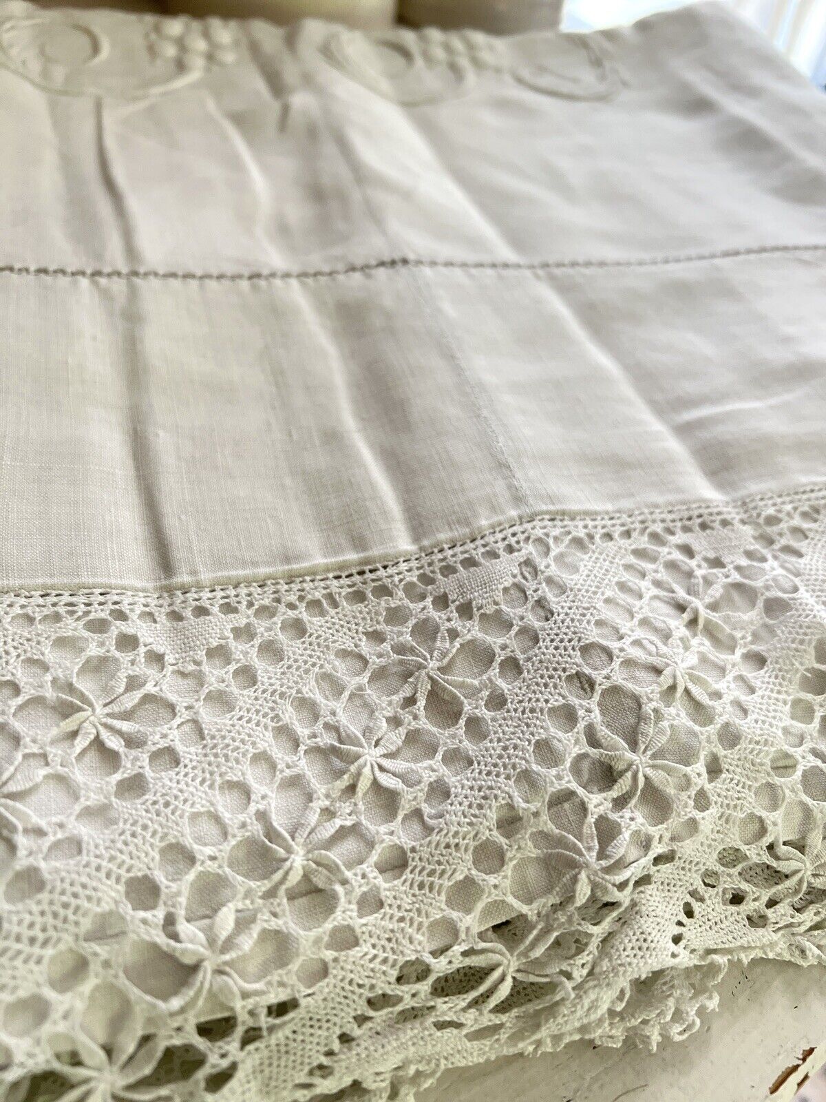 STUNNING antique French TROUSSEAU floppy LINEN FIL sheet LACE JB mono c1900