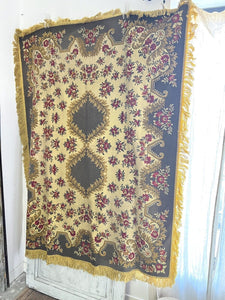 Vintage French FLORAL cotton PROVENCAL GOLD tablecloth wall hanging FRINGE c1950