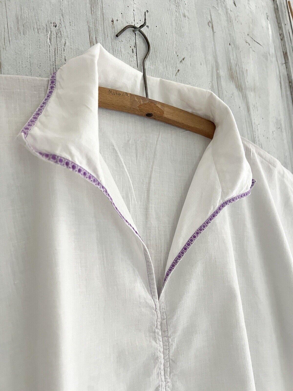 Vintage French MAN cotton gauze NIGHTSHIRT purple liseret 1930