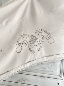 Antique French MANTELPIECE curtain embroidered LINEN FIL lace entredeux c1900