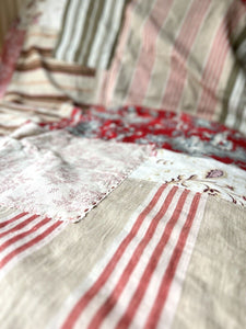 UPCYCLED French antique floral striped TEXTILE cotton PATCHWORK BEDSPREAD  c1900