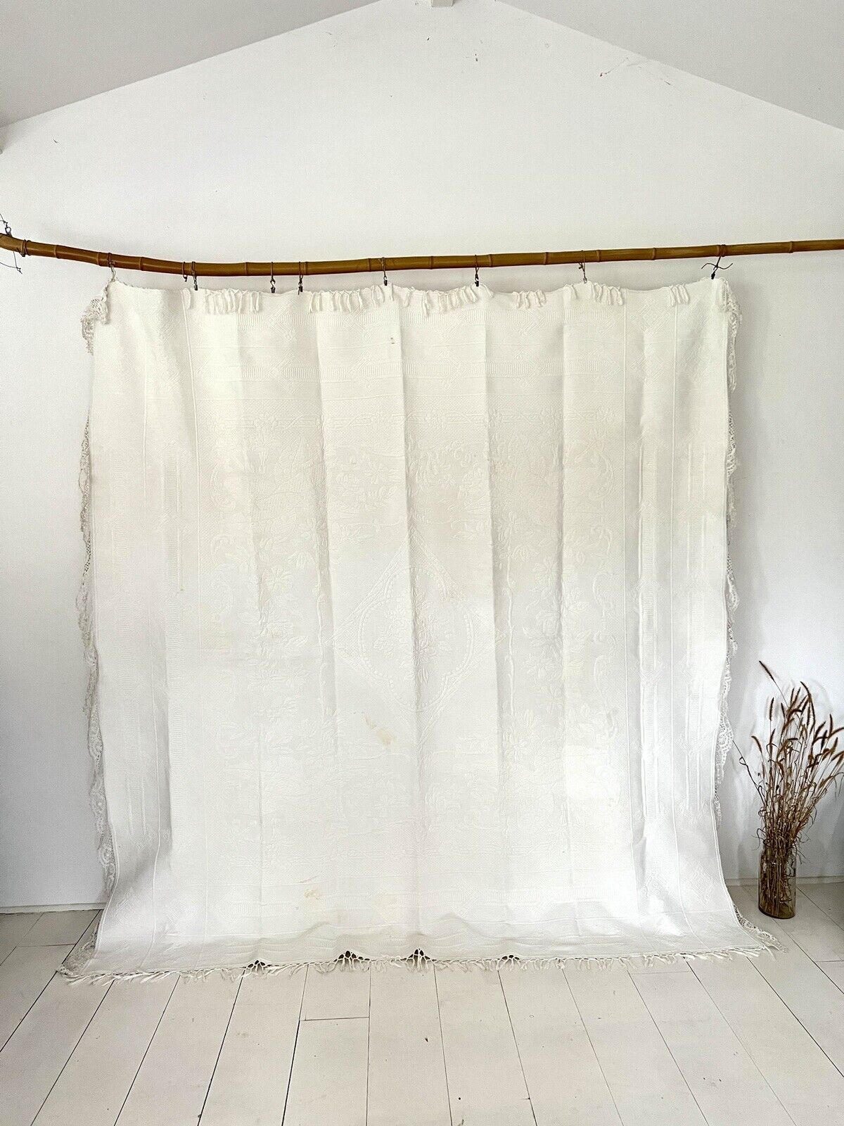 Antique LARGE French BRIDE PIQUE DE PROVENCE bed COVERLET LACE TRIM c1930