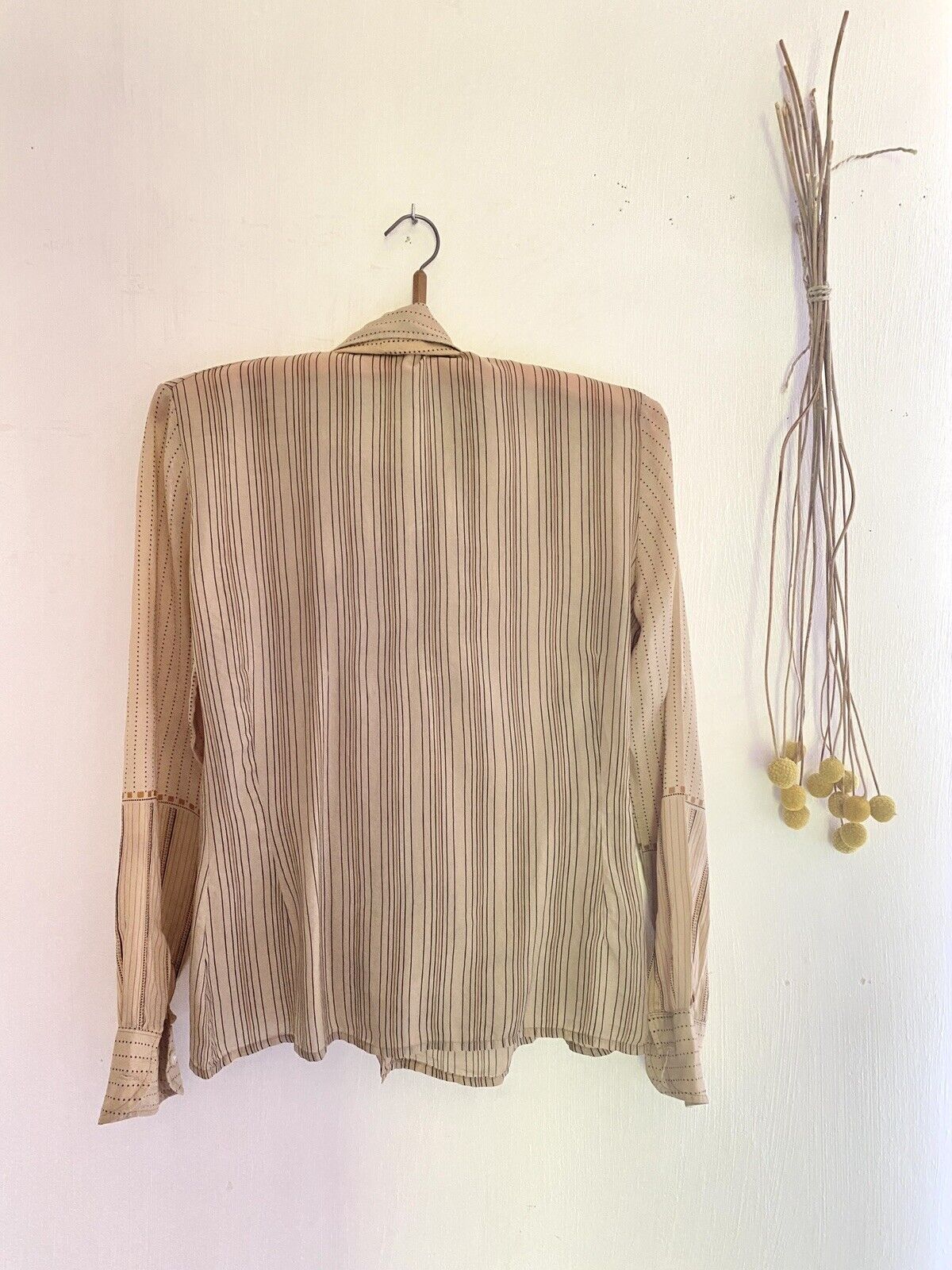 Vintage French woman LAVALLIERE BLOUSE BEIGE acetate STRIPES c1970