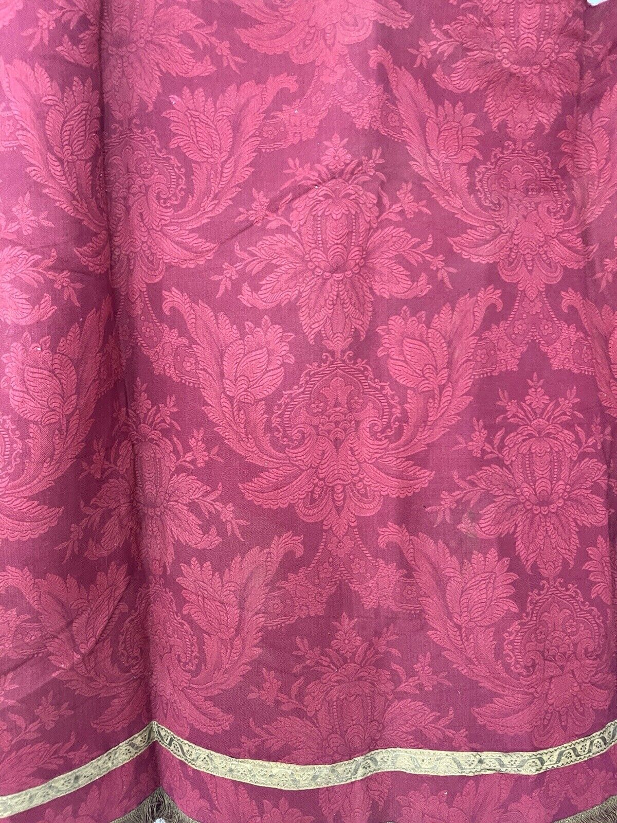 Antique French Empire long PURPLE RED floral DAMASK VALANCE braid FRINGES c1880