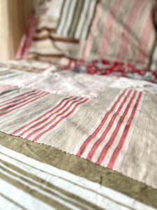 UPCYCLED French antique floral striped TEXTILE cotton PATCHWORK BEDSPREAD  c1900