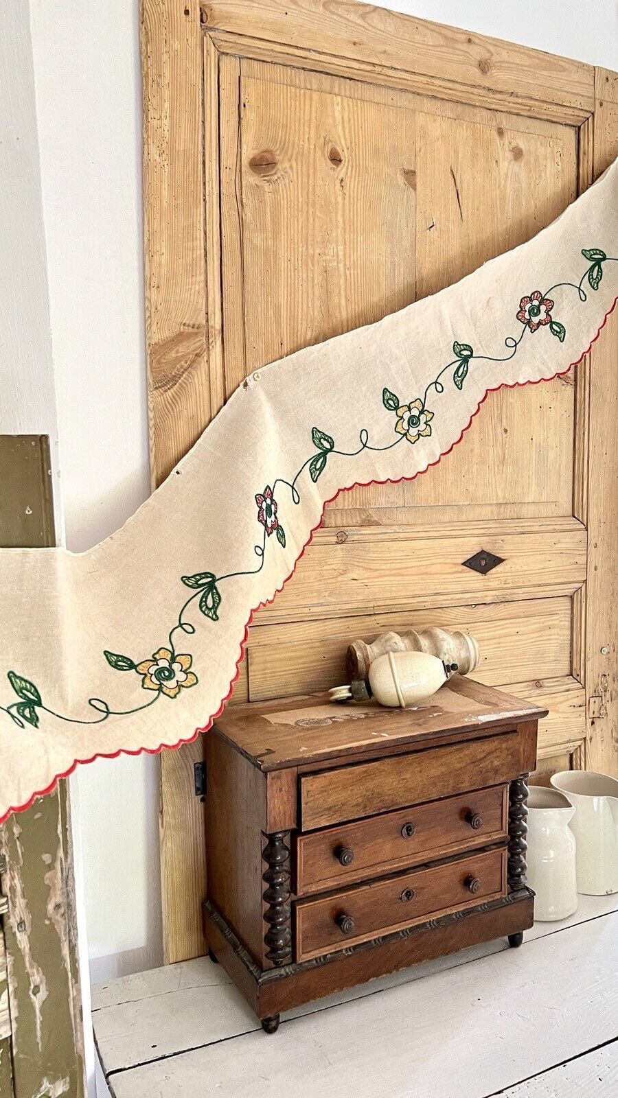 Vintage French country MANTELPIECE COVER embroidered NATURAL LINEN c1930