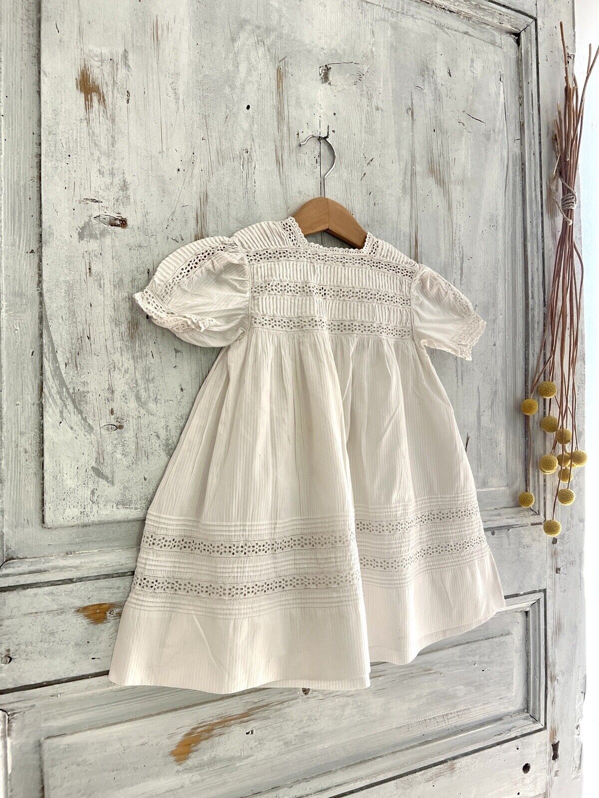 Vintage French ribbed COTTON child embroidered LACE dress DOLL c1930