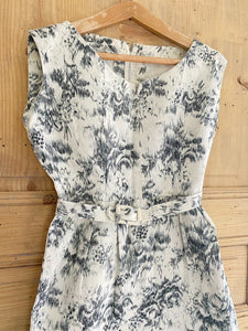 Vintage French cotton FLORAL BLUE DRESS belted c1950