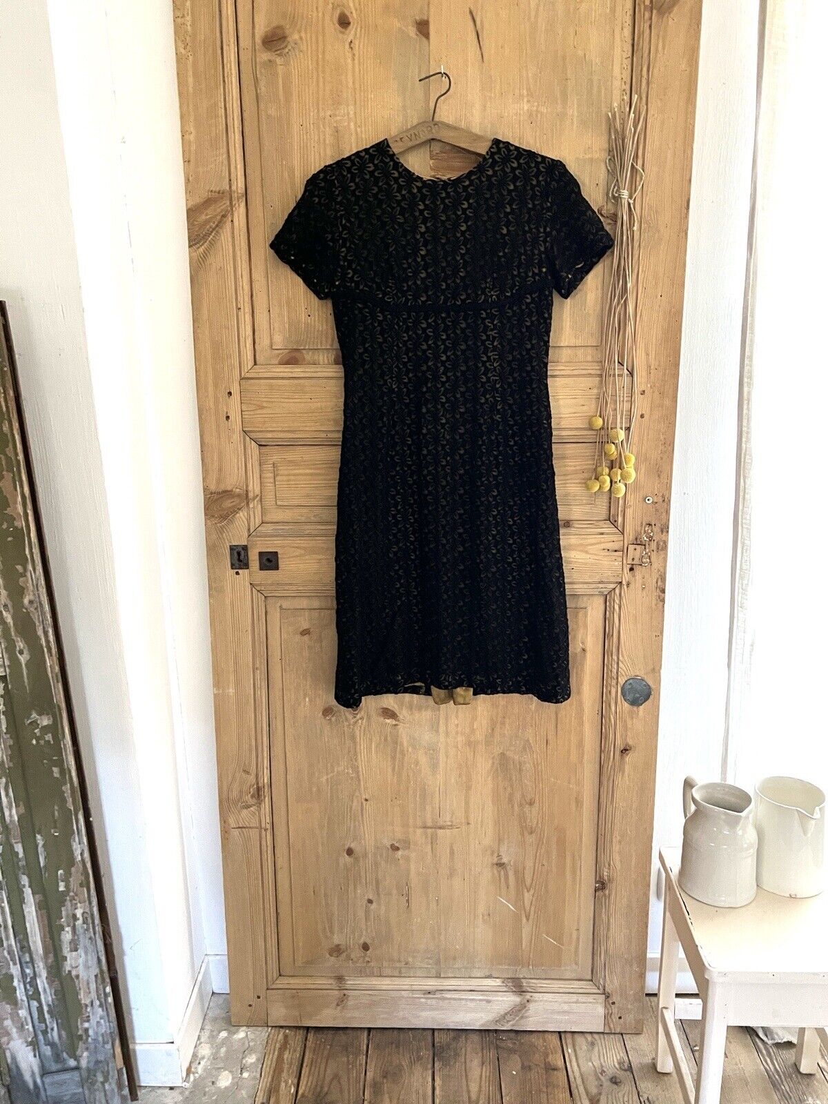 Vintage French BLACK floral LACE DRESS c1960