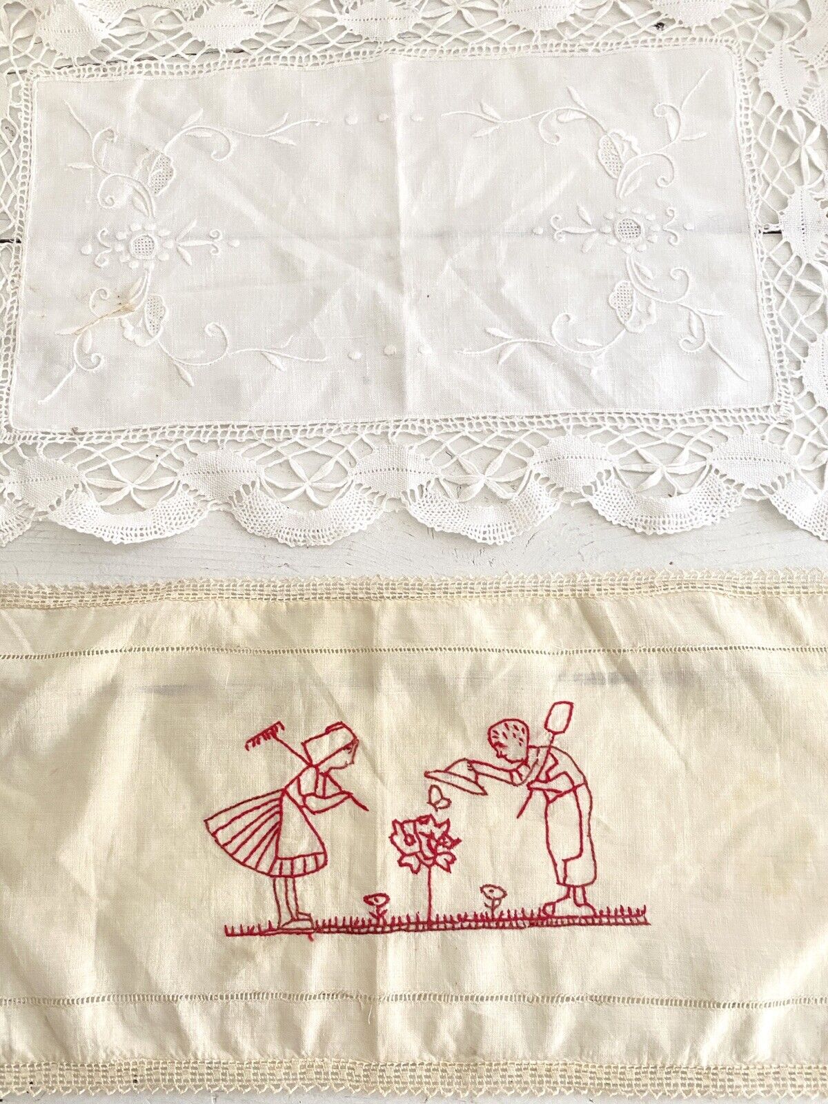 2 Vintage French LINEN napkins DOILY mats FILET LACE c1930