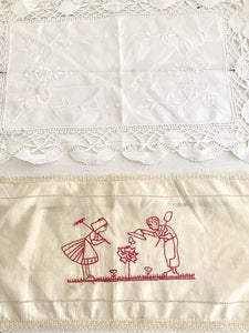 2 Vintage French LINEN napkins DOILY mats FILET LACE c1930