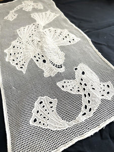 Antique French EYELET embroidered cotton FILET LACE panel curtain CARP c1920