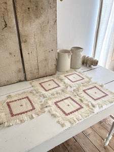 SET 5 French EMBROIDERED damask cotton DOILIES mat RED DECOR fringes c1930