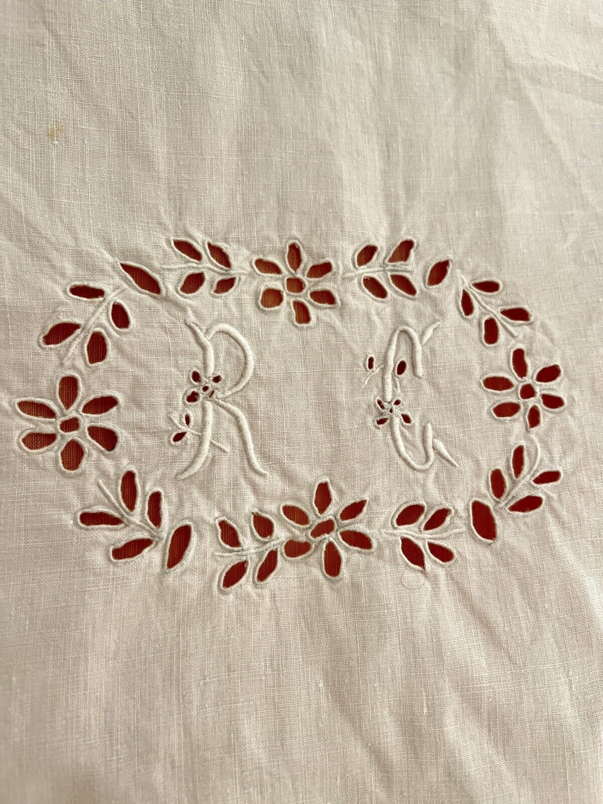 Antique French pink EMBROIDERED eyelet linen PILLOW SHAM FESTONS RC mono c1920