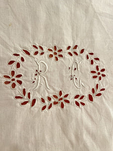 Antique French pink EMBROIDERED eyelet linen PILLOW SHAM FESTONS RC mono c1920