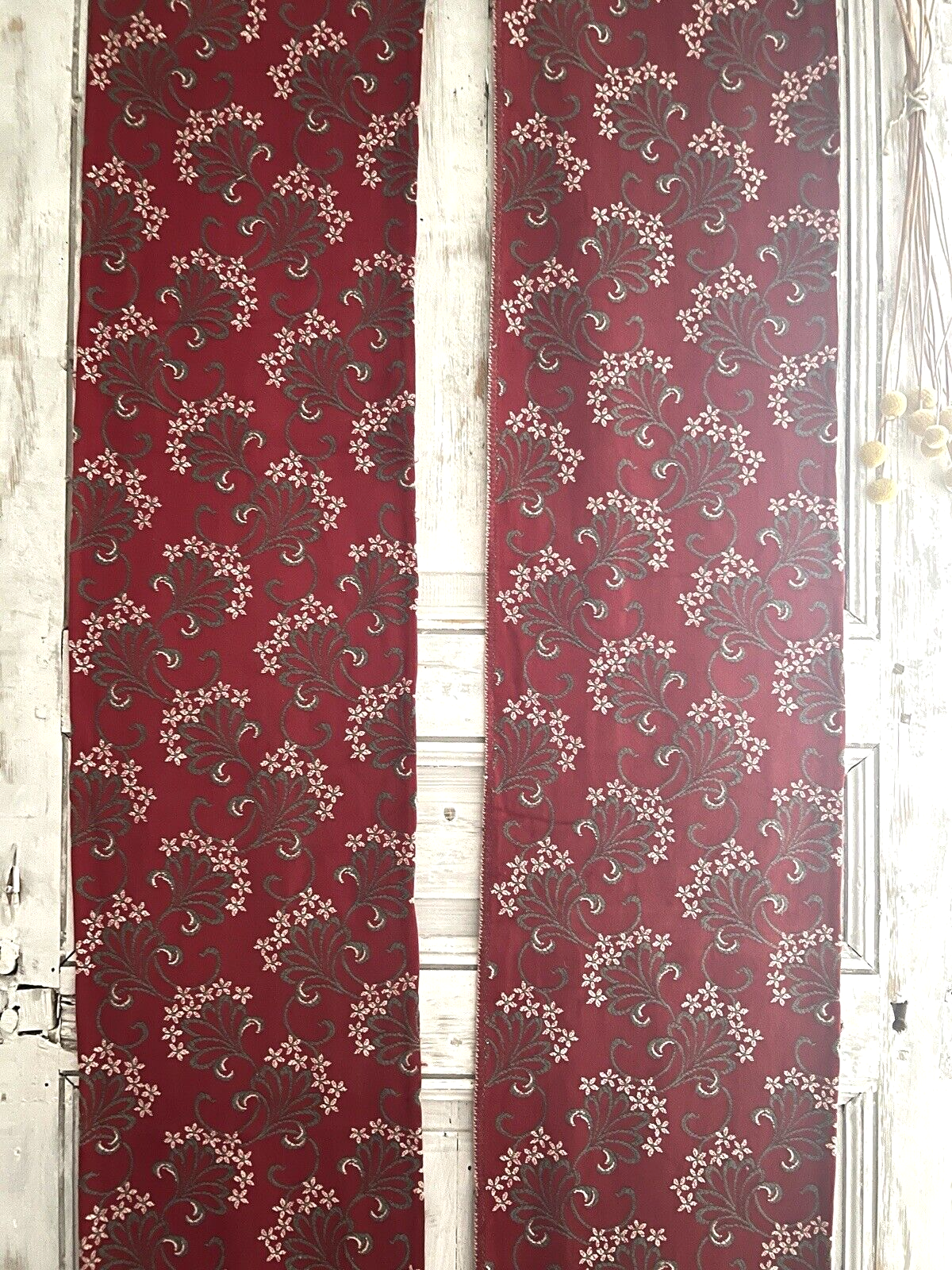 Pair antique French FLORAL JACQUARD CURTAINS cramoisi RED c1900