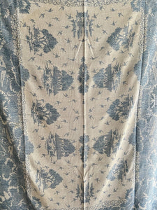 Vintage French BLUE DAMASK cotton BEDSPREAD CHINOISERIE c1930