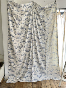 PAIR vintage French blue TOILE DE JOUY cotton PASTORAL CURTAINS BACKED c1950