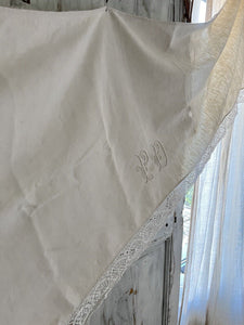 Antique French LONG MANTELPIECE COVER curtain embroidered LINEN lace trim c1900