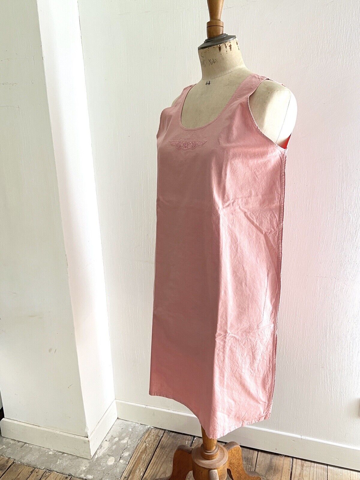 Vintage French PALE PINK DYED linen cotton nightshirt c1930