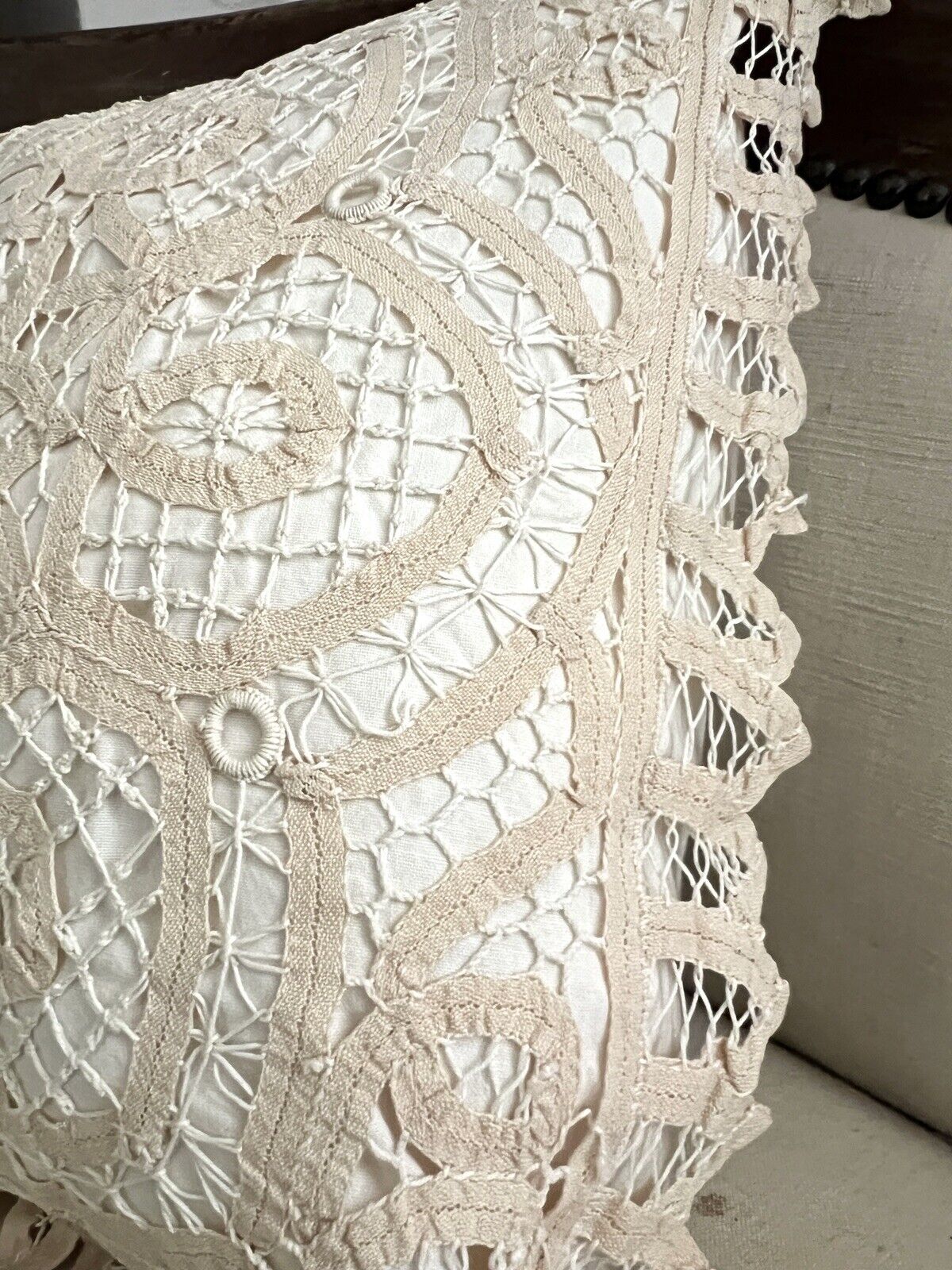 Vintage French Richelieu embroidery PILLOW COVER ivory tone c 1950