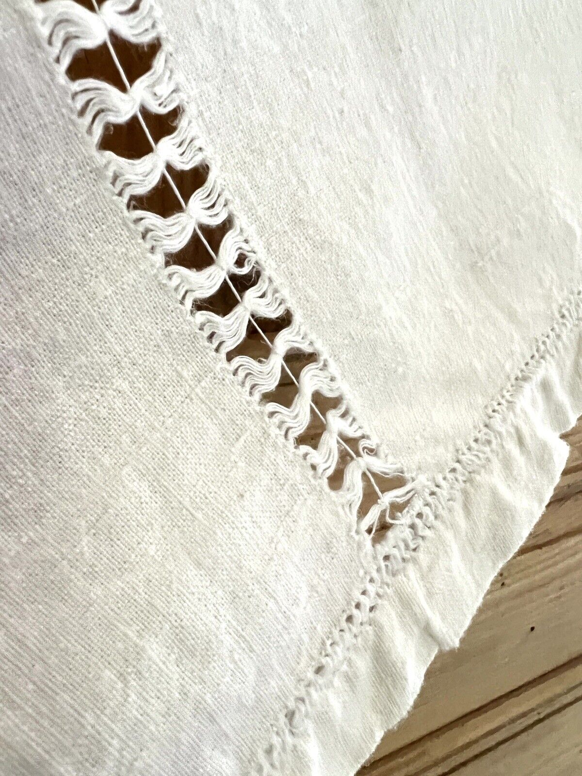 Antique French nubby linen VALANCE SHELF COVER mantelpiece OPENWORKS c1900